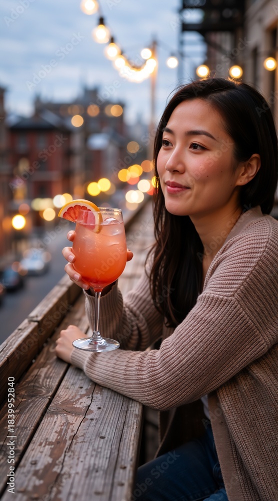 Fototapeta premium A young Asian woman relaxes with a pink fruit cocktail on an urban balcony. Vertical portrait of a person enjoying a drink in the evening with a city view and bokeh lights in the background