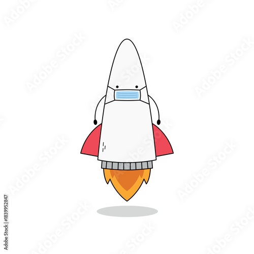 Cute rocket cartoon character wearing a medical mask doodle