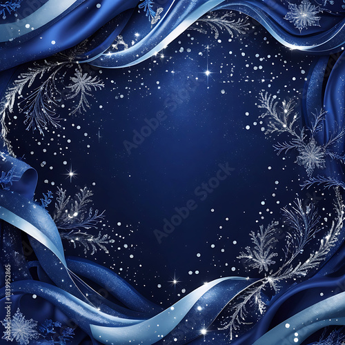 Festive Blue Draped Fabric Frame with Snowflakes and Glittering Stars image photo