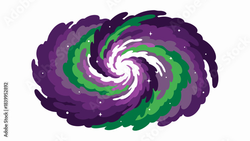 Vibrant Swirling Galaxy With Purple Green and White Hues Against A Dark Gray Background Featuring Tiny Stars And Cosmic Dust