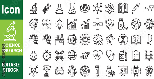 science research icon set with Containing biology, laboratory, experiment, scientist, research, physics, chemistry,doctor uniform vector
