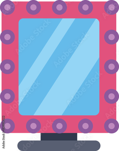 Pink makeup mirror with light bulbs, reflecting beauty and glamour, perfect for getting ready