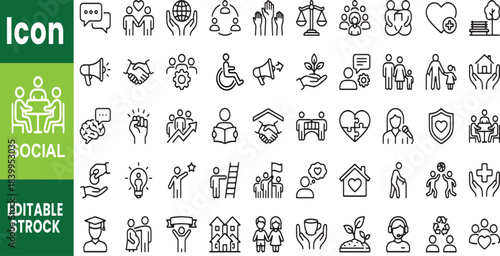  social interaction icon set with social care, partnership, public space, social justice, supportelderly and, collaboration vector