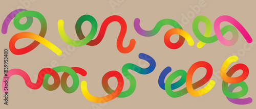 Abstract colorful rainbow swirl shapes on beige background creating vibrant and playful artistic pattern perfect for creative designs