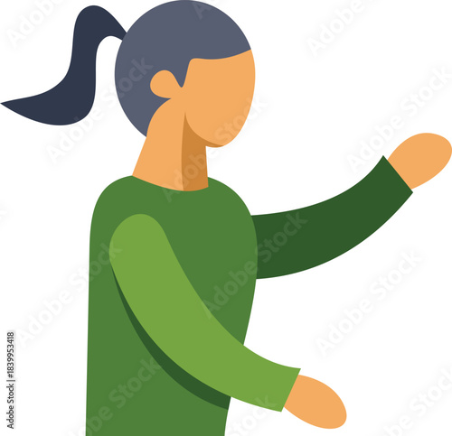 Woman with ponytail gesturing with open hand and pointing with index finger, wearing green sweater