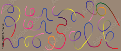 Abstract colorful curved lines on a neutral gray background creating a modern artistic pattern with vibrant hues and fluid shapes