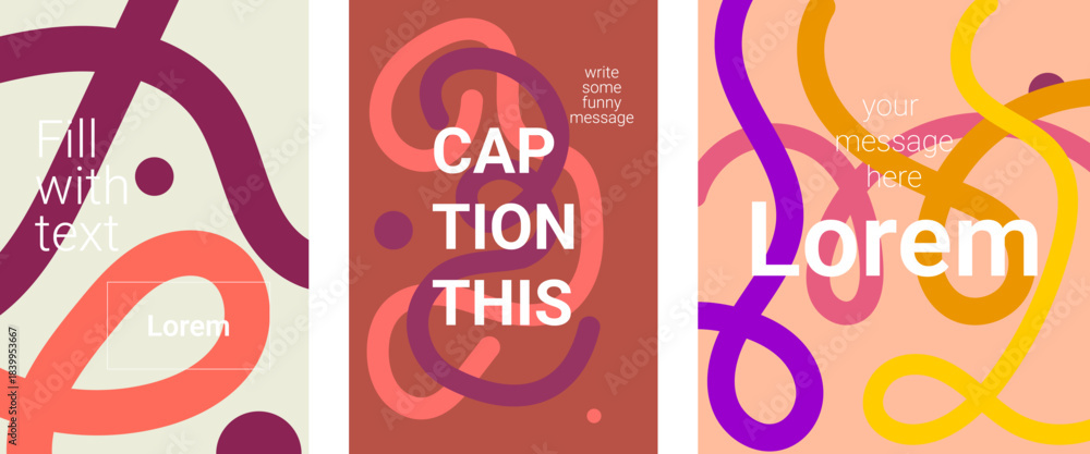 Naklejka premium A set of three abstract backgrounds featuring thick, swirling, organic lines in vibrant colors like pink, purple, yellow, and red, suitable for social media or posters