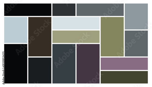 Abstract modern art composition with overlapping geometric rectangles in muted and dark tones for contemporary design and decor