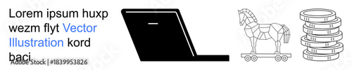 Cybersecurity, data protection, financial security, digital threats, malware, online scams. Minimalist visual of laptop, Trojan horse and coins. Cybersecurity and data protection concepts