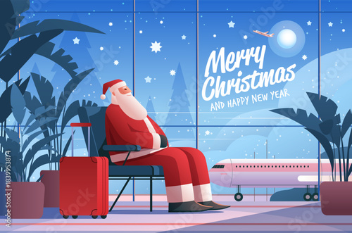 Santa Claus airport travel Christmas New Year 2026 holiday scene with Santa sitting on chair suitcase airplane winter plants night sky modern