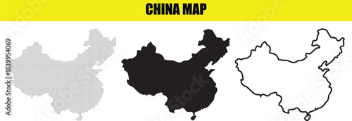 China map collection dotted, solid black, and outline