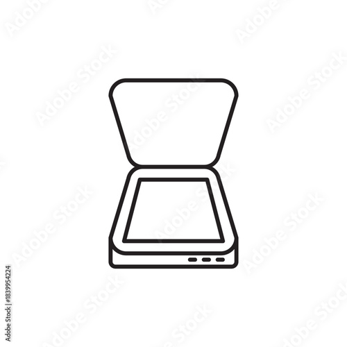 Minimal line scanner icon showing a document scanning device for office work, paperwork, copying, digital archiving, workflow tasks, business operations, and technology-related projects.