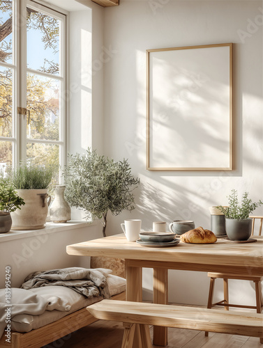 Bright cozy breakfast nook mockup with wooden table and window light