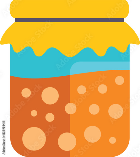 Closed glass jar preserving homemade orange jam, covered with yellow wrinkled paper lid and tied with string