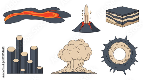 Vector art set of nature icons depicting volcanic eruptions and geological formations in a vector.