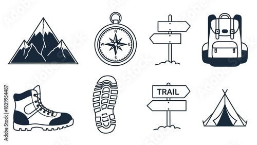 Vector art icon set depicting a nature trail hiking adventure in the mountains with a compass and tent.