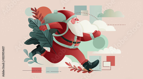 Santa running Christmas New Year 2026 celebration festive scene with gift bag abstract leaves geometric shapes clouds pastel background website banner