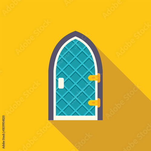 Medieval arched door is closing, featuring a diamond pattern and metal decorations, set against a vibrant yellow backdrop