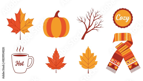 A vector art set of icons depicting a cozy autumnal nature scene with leaves, pumpkin, and hot drink.