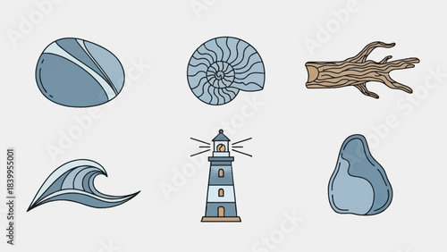 Vector art set features nature icons in a vector style with lighthouse and sea elements.