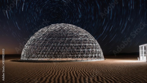 Futuristic geodesic dome glamping tent under starry night sky in desert landscape.