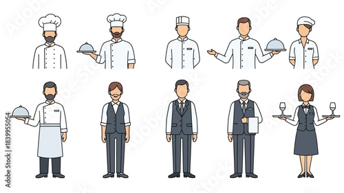 Diverse restaurant staff illustration chefs waiters and waitresses in uniform