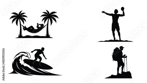 Tropical vacation silhouettes hammock surfing hiking and relaxed beach scenes