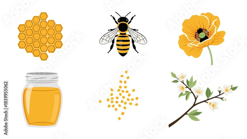 Vector art of a bee collecting nectar from a flower for a vector set of nature icons.