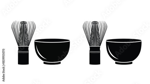 Black and white illustration of matcha whisks and teabowls for japanese tea ceremony