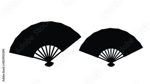 Two black folding fans depicted in a simple minimalist graphic style