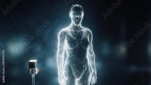 Futuristic glowing human body hologram in a dark scientific environment.