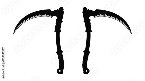 Two black scythes with curved blades and dark wooden handles are displayed