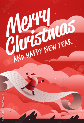 Santa Christmas New Year 2026 celebration festive Santa walking on giant wish list over red clouds winter holiday scene abstract background