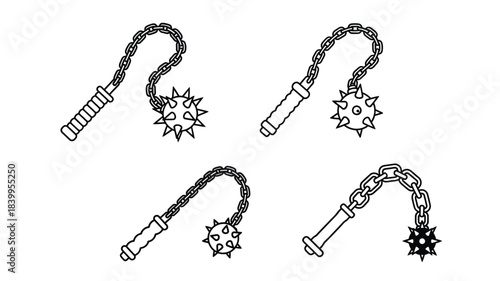 Black and white illustration of medieval flails and spiked chain weapons