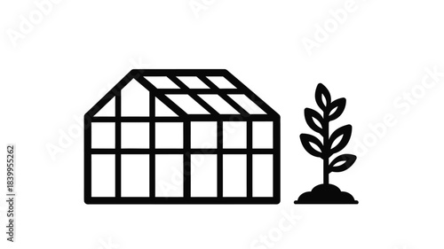 Simple black and white illustration of a greenhouse with a plant nearby
