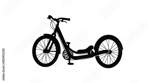 A black silhouette of a three wheeled bicycle against a white background