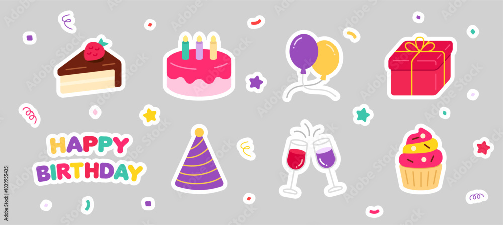Naklejka premium Party icon set, Balloon, gift box, confetti decoration element for Happy Birthday Sticker, New Year, Christmas, Valentine Anniversary celebration special day. Drinks Food, champagne, cupcake icons.