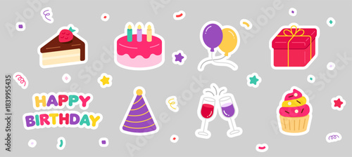 Party icon set, Balloon, gift box, confetti decoration element for Happy Birthday Sticker, New Year, Christmas, Valentine Anniversary celebration special day. Drinks Food, champagne, cupcake icons.