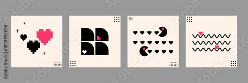 Abstract Valentine's Day Cards set. Modern minimalist templates with abstract geometric hearts and design elements, for social media, covers, gift cards, or Valentine's prints. Vector illustration