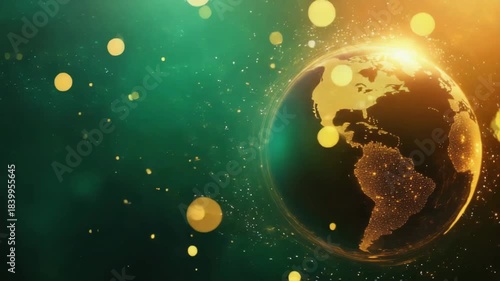 Golden Earth sparkling with countless lights and surrounded by glowing bokeh on dark green background