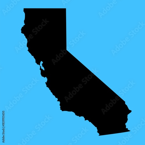 Bold black California state silhouette icon on vibrant blue background. Clean vector graphic for design
