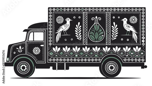 Stylized Truck Front Silhouette with Ornate Decorative Patterns, Flat Vector Illustration for Commercial Transport and Custom Truck Designs