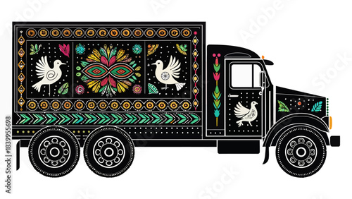 Stylized Truck Front Silhouette with Ornate Decorative Patterns, Flat Vector Illustration for Commercial Transport and Custom Truck Designs