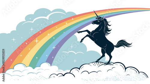 Majestic Unicorn Silhouette Standing Proudly, Mythical Creature Symbolizing Purity and Magic, Flat Vector Illustration for Fantasy Designs