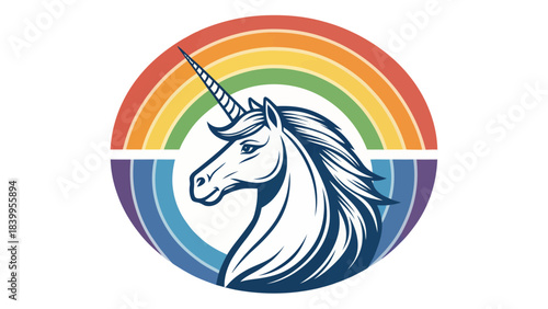 Whimsical Unicorn Head Silhouette within a Colorful Rainbow Ring in Clean Vector Art, Perfect for Fantasy and Children's Themes