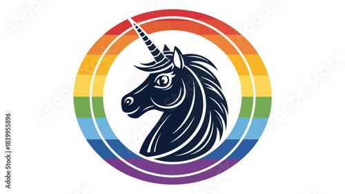 Magical Unicorn Head Silhouette Inside a Vibrant Rainbow Circle in Whimsical Vector Style, Symbolizing Fantasy and Dreams