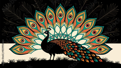 Elegant Peacock Silhouette Featuring Intricate Truck Art Inspired Tail Design, a Beautiful Cultural Vector Illustration