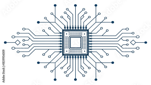 Advanced Microchip Silhouette with Connecting Circuit Lines in Minimal Vector Style, Representing Computing, AI, and Data Processing