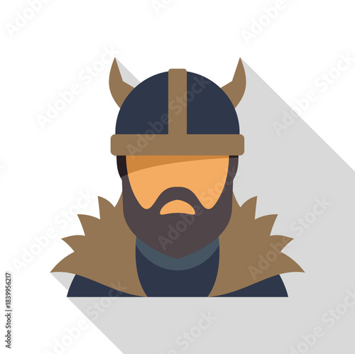 Flat design illustration of a viking warrior wearing a horned helmet and a fur mantle