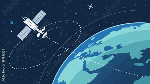 Clean Minimal Satellite Silhouette Orbiting Earth in a Flat Vector Illustration for Global Communication